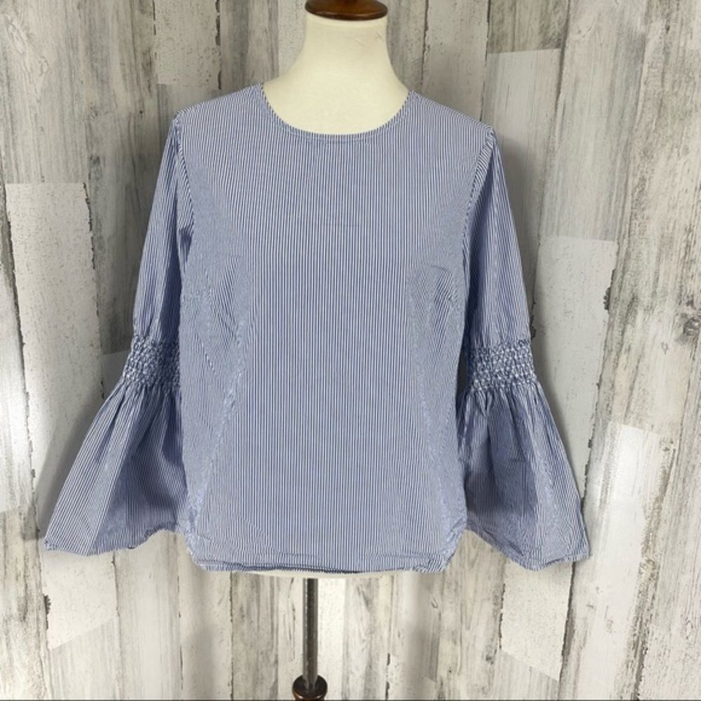 Beachlunchlounge Women's Blue Stripes Long Bell Sleeve Shirt Top Blouse Sz M